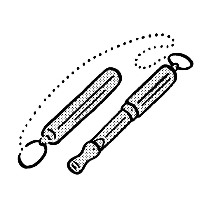 Two Acme dog whistles with dotted lines showing sound waves