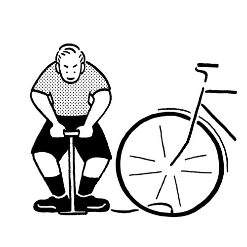 Illustration of cyclist using a floor pump to inflate bicycle tire.