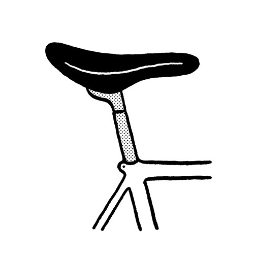 Line drawing illustration of a bicycle saddle shown from the side with seat tube and mounting hardware.