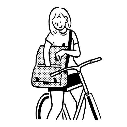 Illustration of a woman with a Mission Workshop messenger bag on a bicycle.