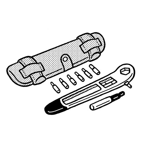 Illustration of Full Windsor's Nutter multi-tool with stainless-steel components and leather case.