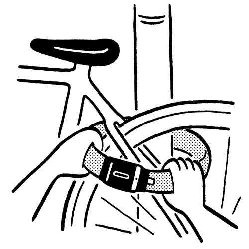 Illustration of hands adjusting a bicycle bell with herringbone pattern on bike frame.