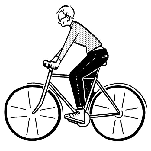 Line drawing illustration of a cyclist riding an upright commuter bicycle.