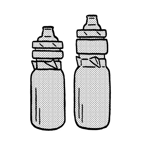 Illustration of two water bottles with self-sealing valve tops in black and white dotted style.