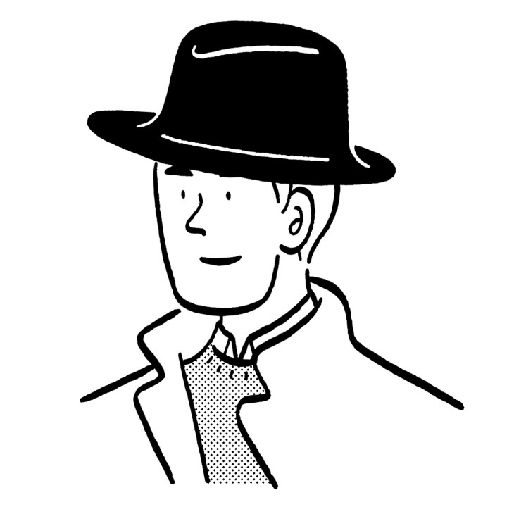 Line drawing illustration of a person wearing a black beaver-felt fedora hat
