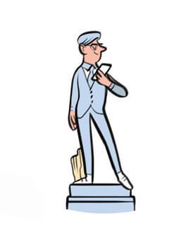 Illustration of a man in a suit and cap holding a wrench, standing on a pedestal.