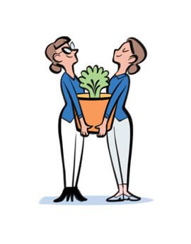 Illustration of two smiling people holding a potted plant together.