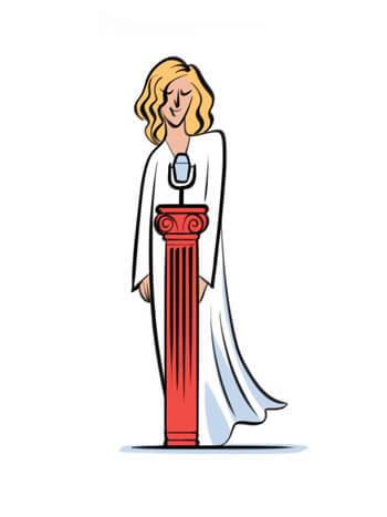 Illustration of Anna Vissi, a Greek-Cypriot singer, standing at a microphone in a white dress.