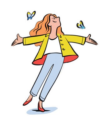 Illustration of a woman with arms outstretched in a welcoming gesture, wearing a yellow jacket and blue jeans.