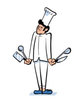 Illustration of a chef in white uniform holding cooking utensils and wearing a tall chef's hat.