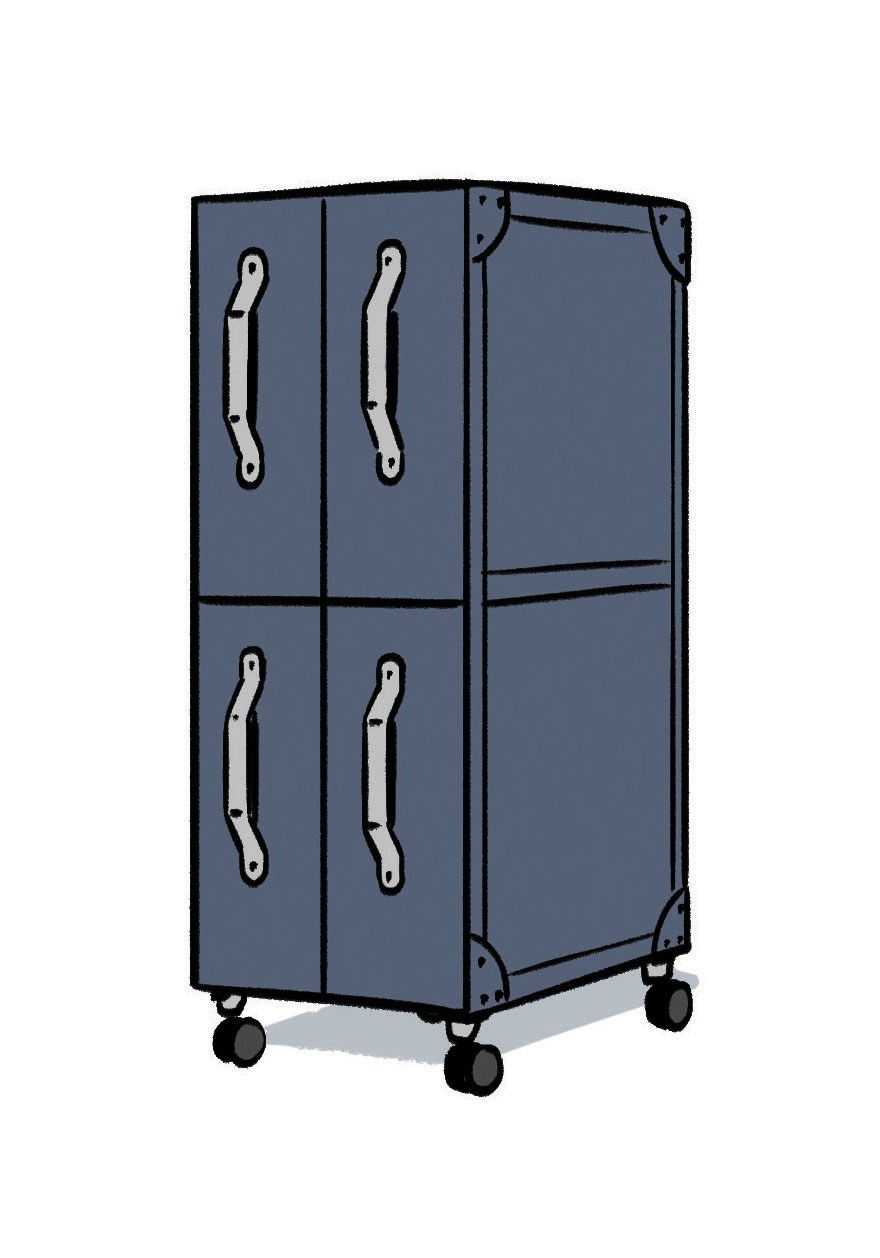 Illustration of Any Box storage cabinet by Think of Things, a blue modular unit with four doors and white handles on wheels.