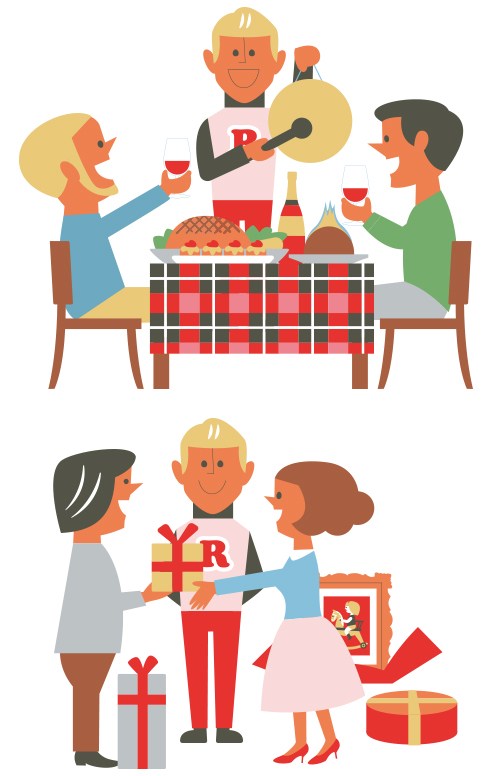Illustration of people dining and exchanging gifts during Christmas celebrations.