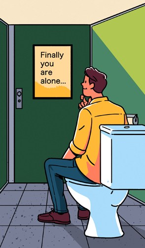 Illustration of a person sitting on a toilet with a poster reading 'Finally you are alone' on the cubicle door.