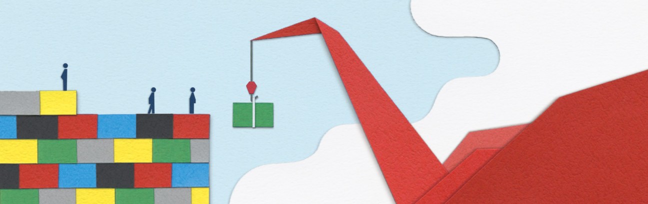 Illustration of stylized figures on stacked colorful blocks with an ascending red arrow graph line.