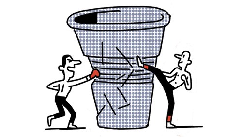 Illustration of two stylized figures pulling apart a checkered coffee cup with a red accent.