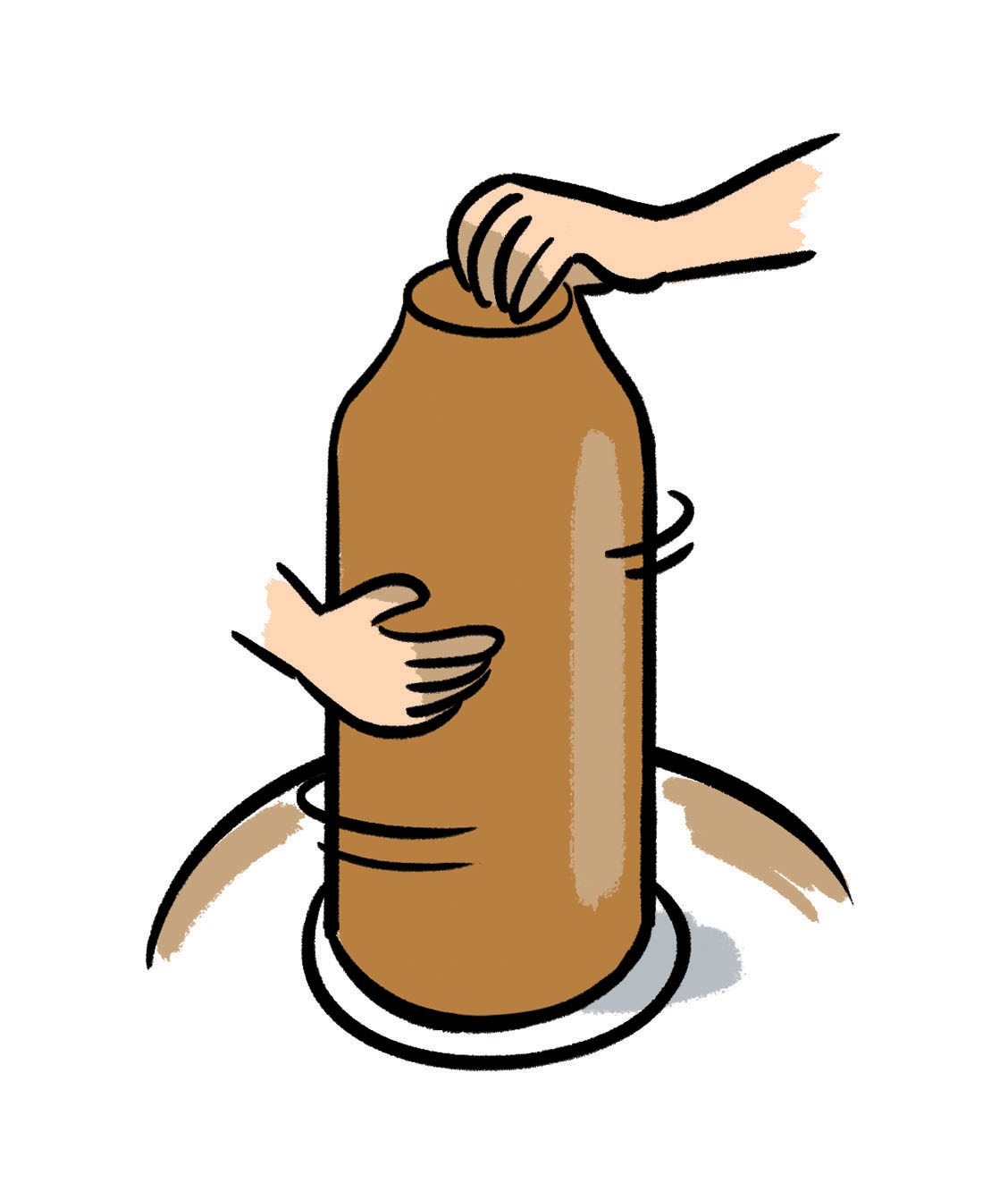 Illustration of a brown bottle with hands emerging from its sides in a playful gesture.