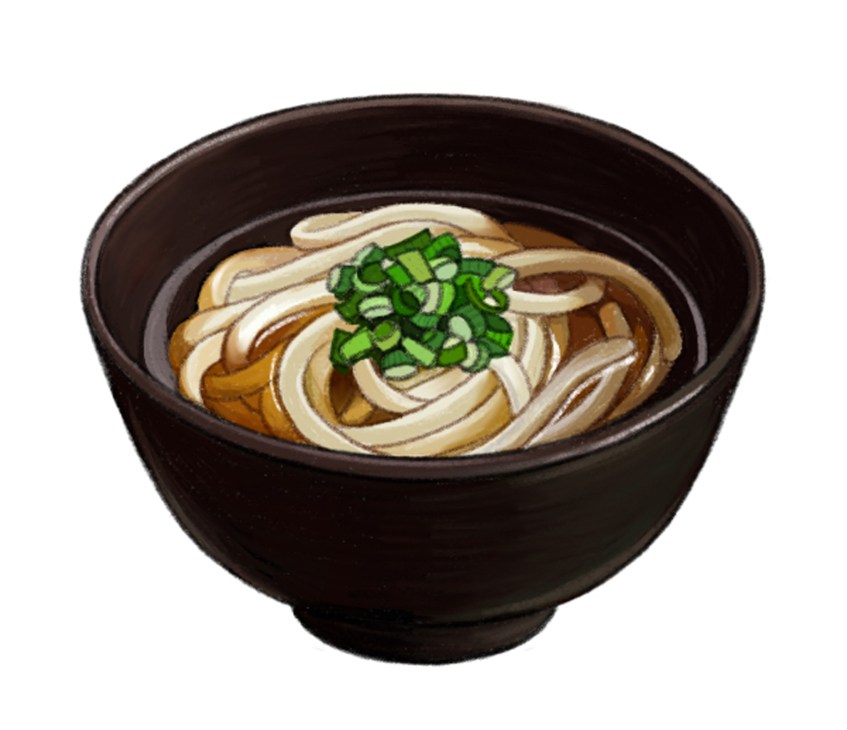 A bowl of thick white udon noodles with green onions garnish in a dark wooden bowl