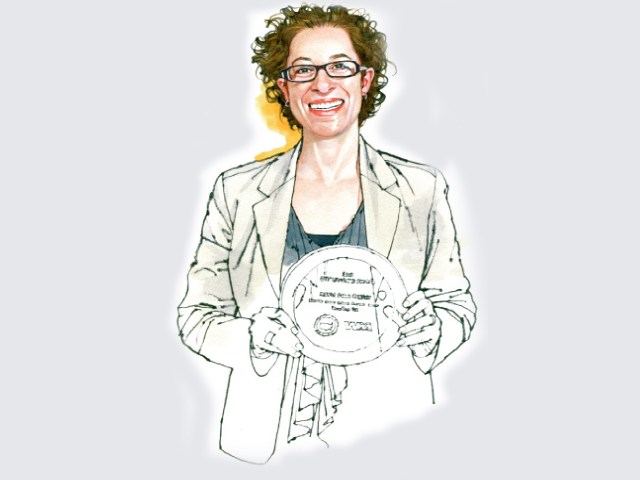 Illustration of Laura Spanjian, sustainability director, holding a circular diagram.