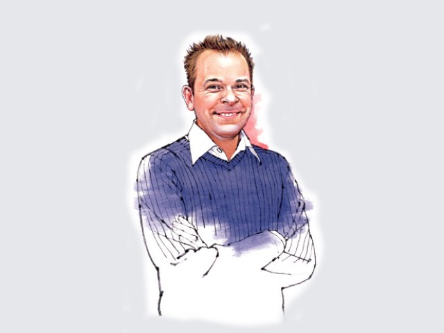 Illustration of Eytan Schwartz, head of international press, wearing a navy pinstriped sweater with white collar.