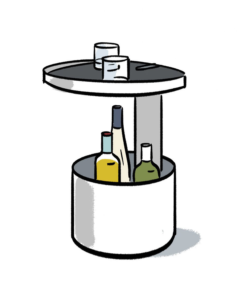 Illustration of a cylindrical powder-coated steel mini-bar with cork top and two shelves containing bottles and drinking vessels.