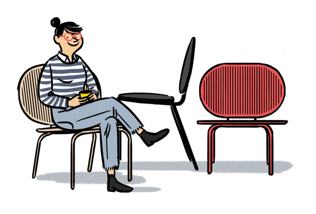 Illustration of a woman sitting on a chair with rolling rods, demonstrating Verena Hennig's Roll Collection design.