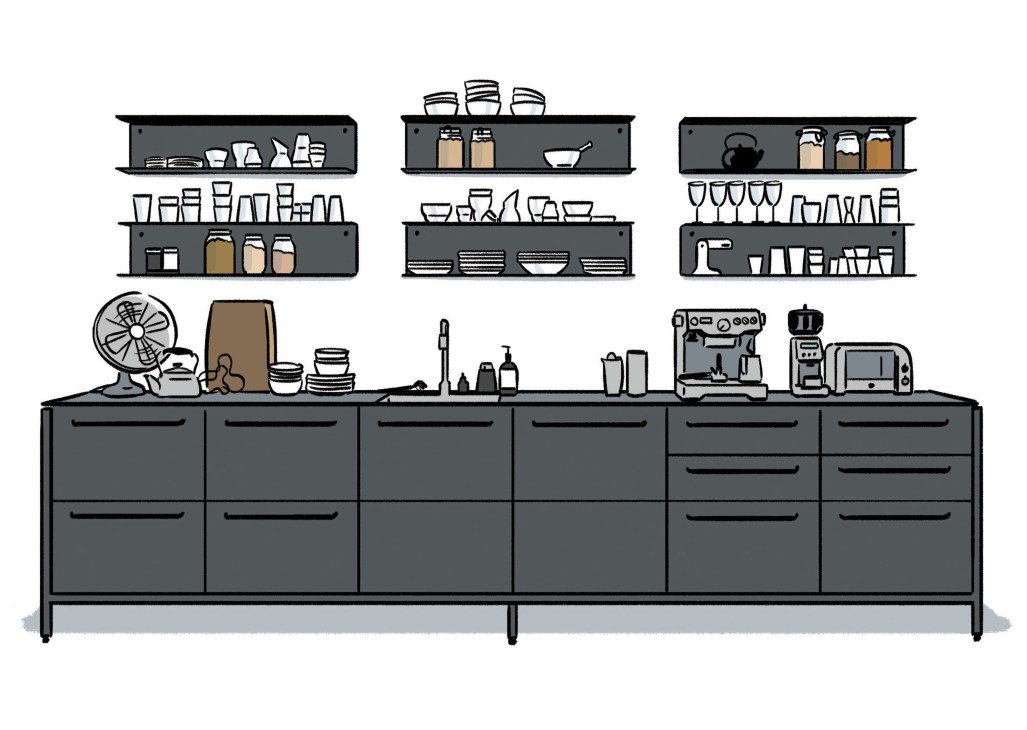 Illustration of a modern kitchen counter with shelving, storage cabinets, and appliances by Vipp.