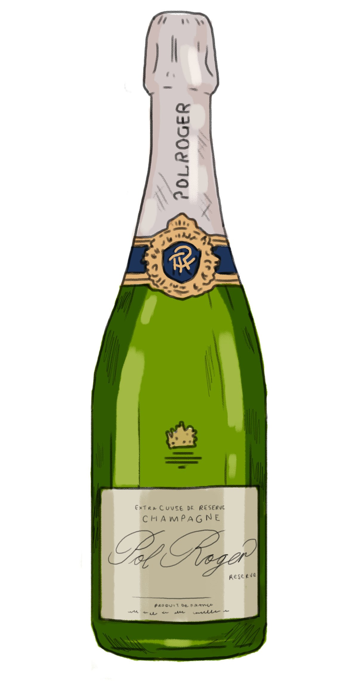 Illustration of a bottle of Pol Roger brut reserve champagne from Epernay, France.