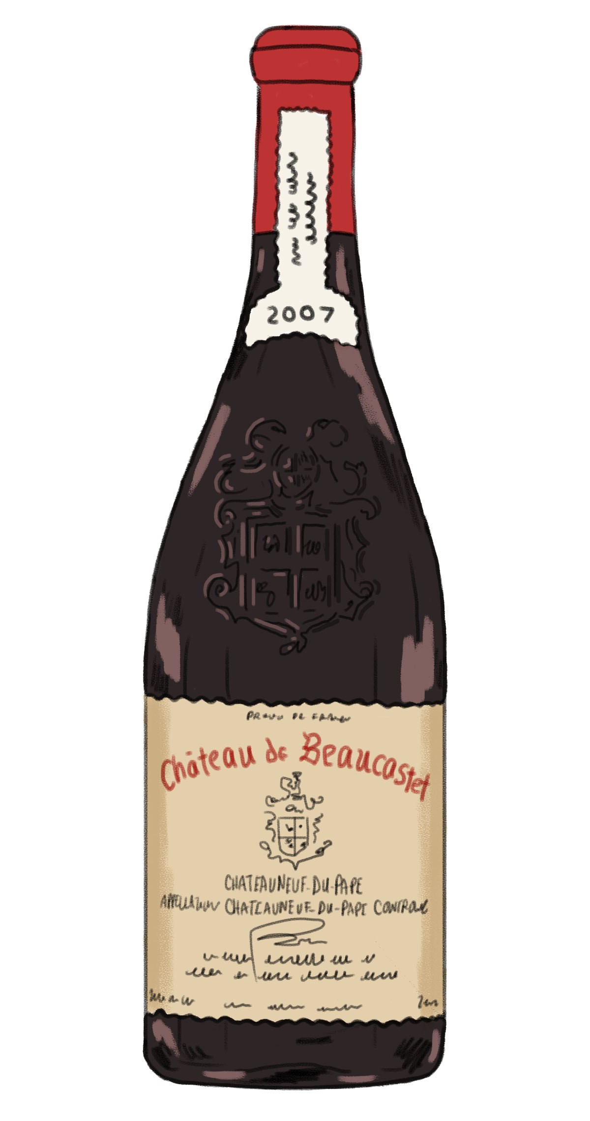Illustration of Château de Beaucastel 2007 Châteauneuf-du-Pape wine bottle with red foil cap and label.