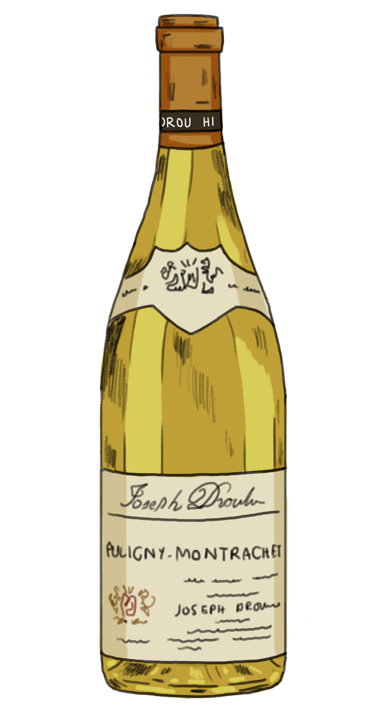 Illustration of a bottle of Puligny-Montrachet Joseph Drouhin 2012 white Burgundy wine.