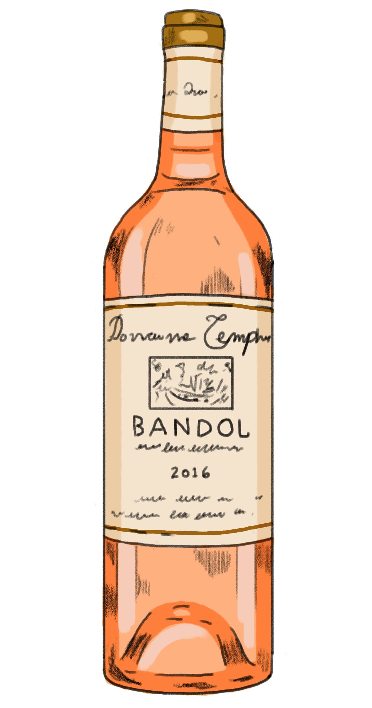 Illustration of Domaine Tempier Bandol rosé 2016 wine bottle with golden foil and cream label.