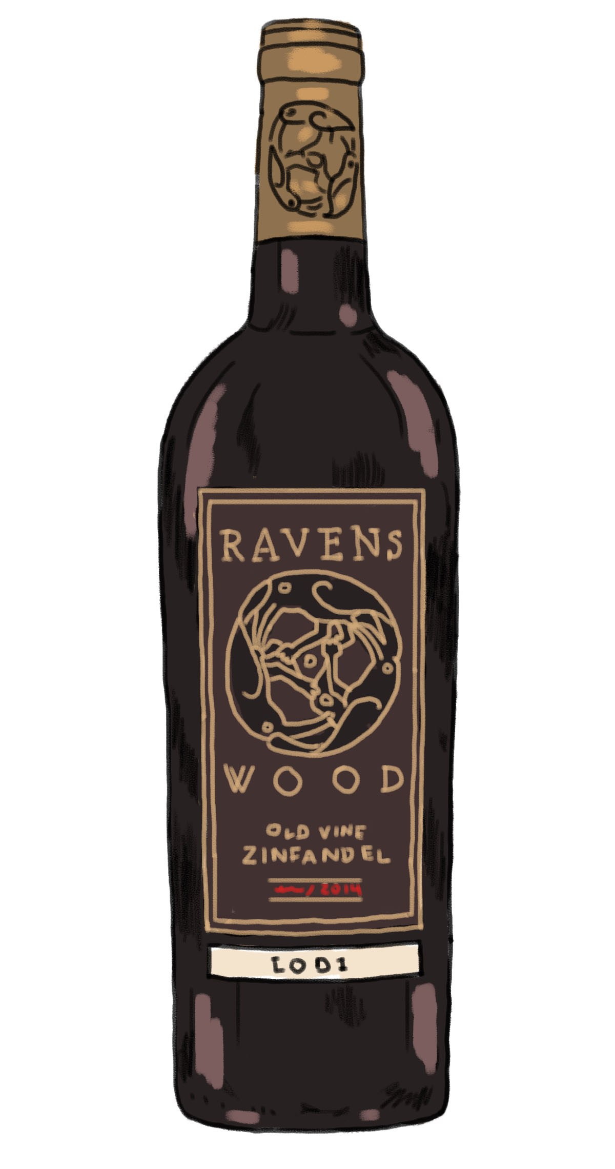 Illustration of Ravenswood old vine Zinfandel 2013 wine bottle from Lodi, California.