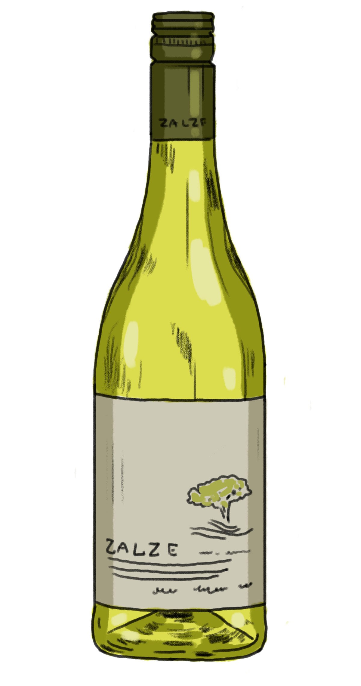 Illustration of Zalze bush vine chenin blanc 2016 wine bottle with pale yellow wine and tree label.