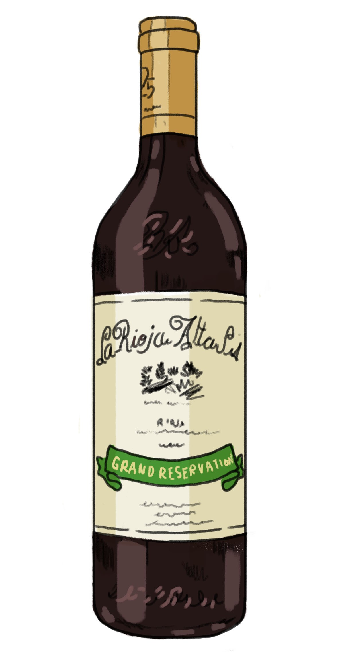 Illustration of La Rioja Alta rioja gran reserva 904 wine bottle with gold foil cap and cream label.