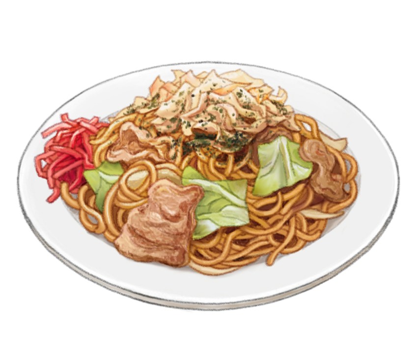 A plate of yakisoba stir-fried wheat noodles with vegetables and sauce