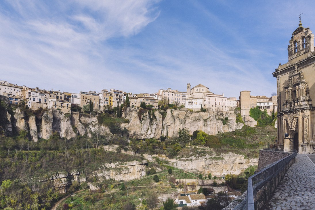 Medieval town of Cuenca perched on a cliff overlooking the Huécar gorge in Spain.