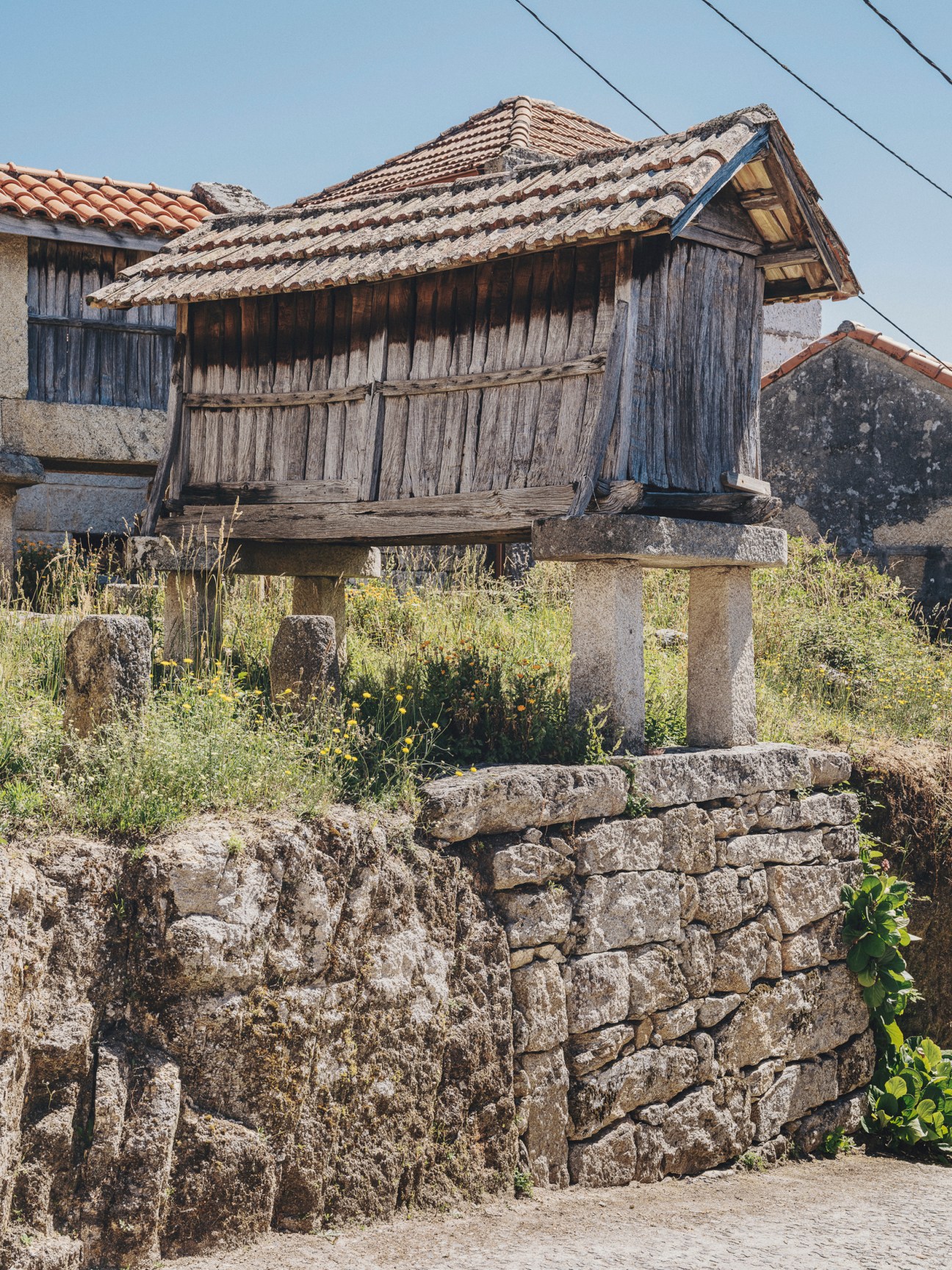 Traditional wooden granary structure elevated on stone pillars in rural Galician village setting
