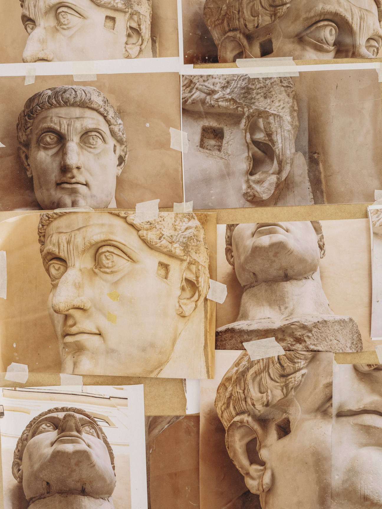 Collage of detailed photographs showing different angles and sections of a Roman sculpture reconstruction