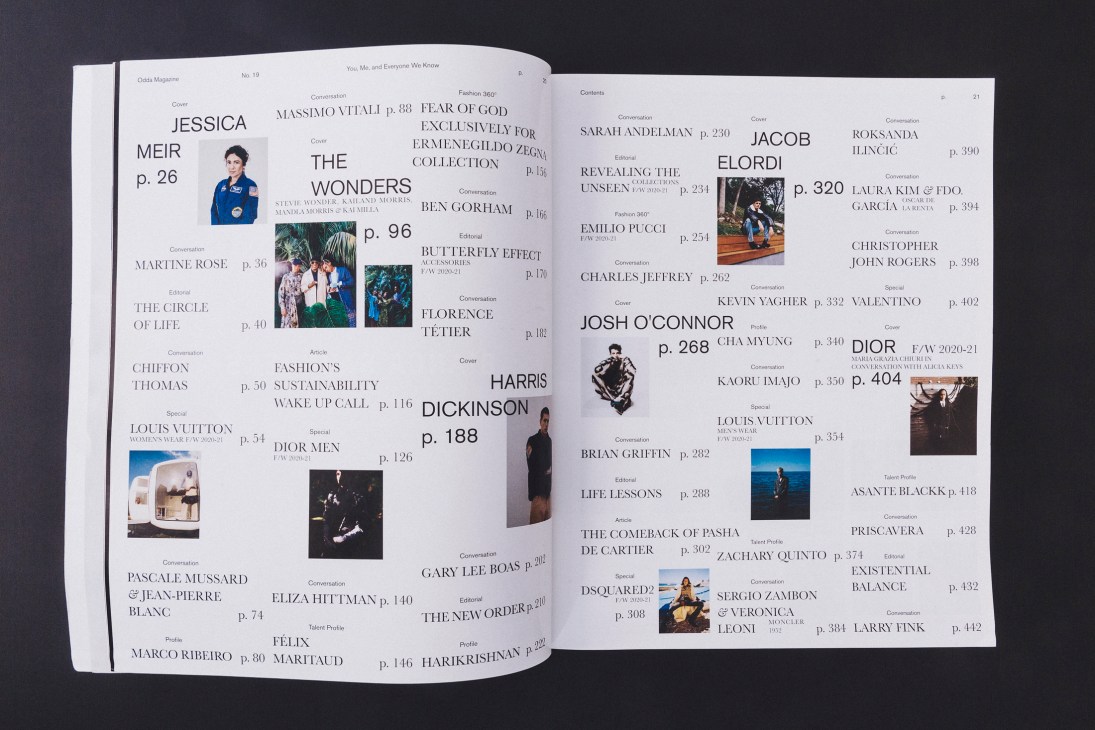 Open magazine spread showing a contents page with multiple article titles, names and page numbers with portraits and fashion photographs.