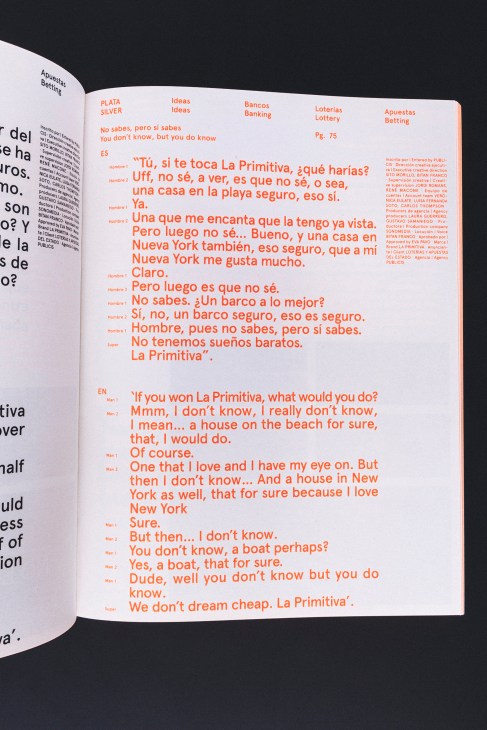 Magazine spread featuring orange text on white background with Spanish and English interview quotes about lottery games.