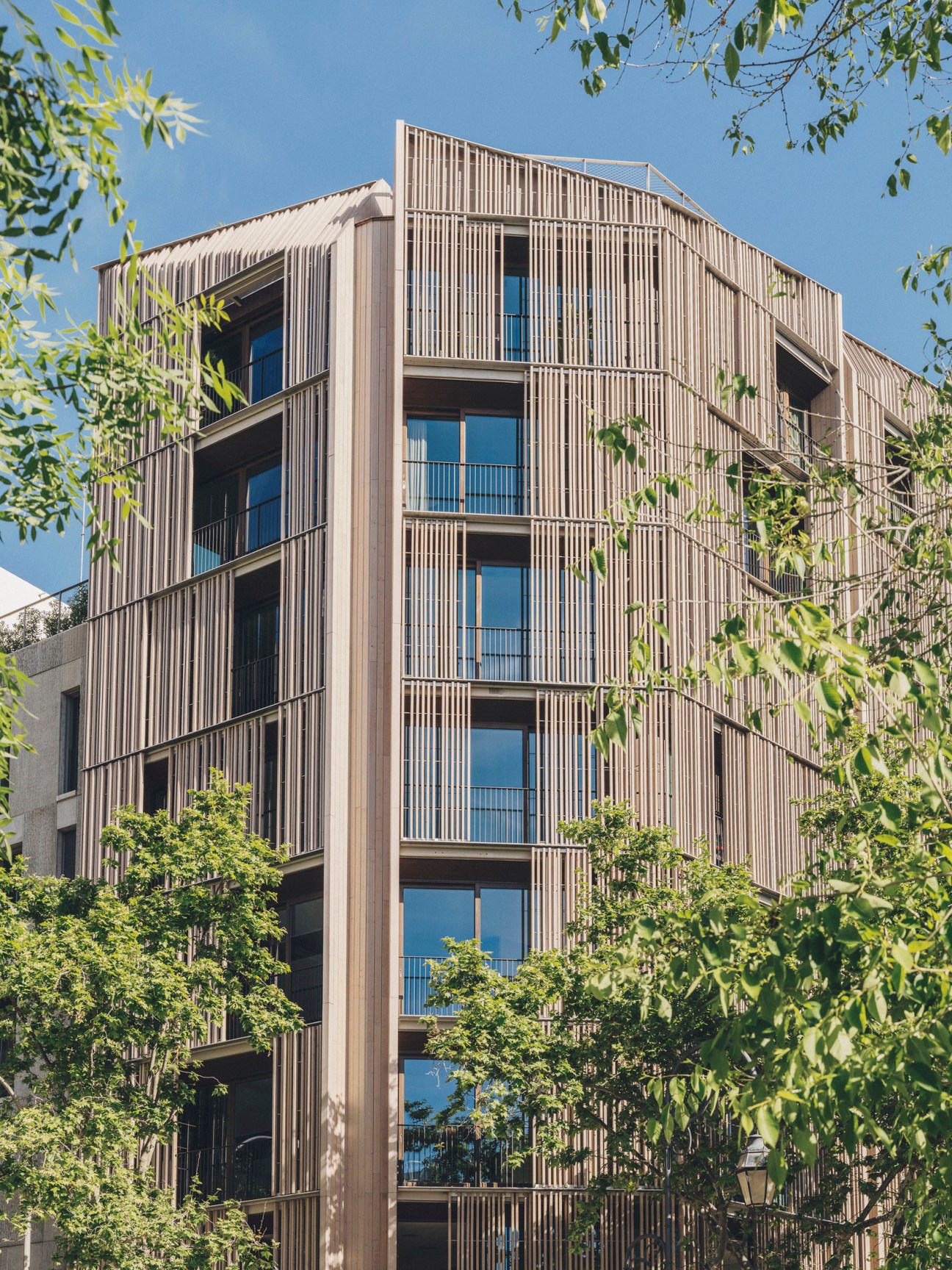 Modern timber-clad apartment building with vertical wooden slats and French doors with small balconies