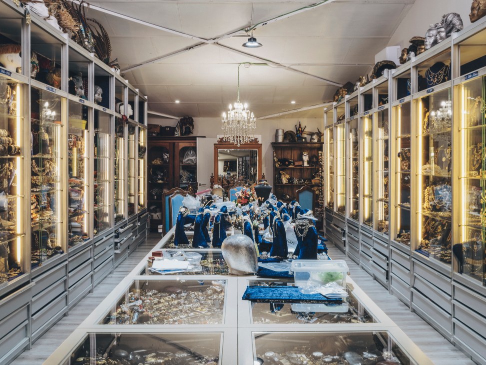 Display cases containing thousands of historical jewellery pieces from Peris Costumes' extensive collection