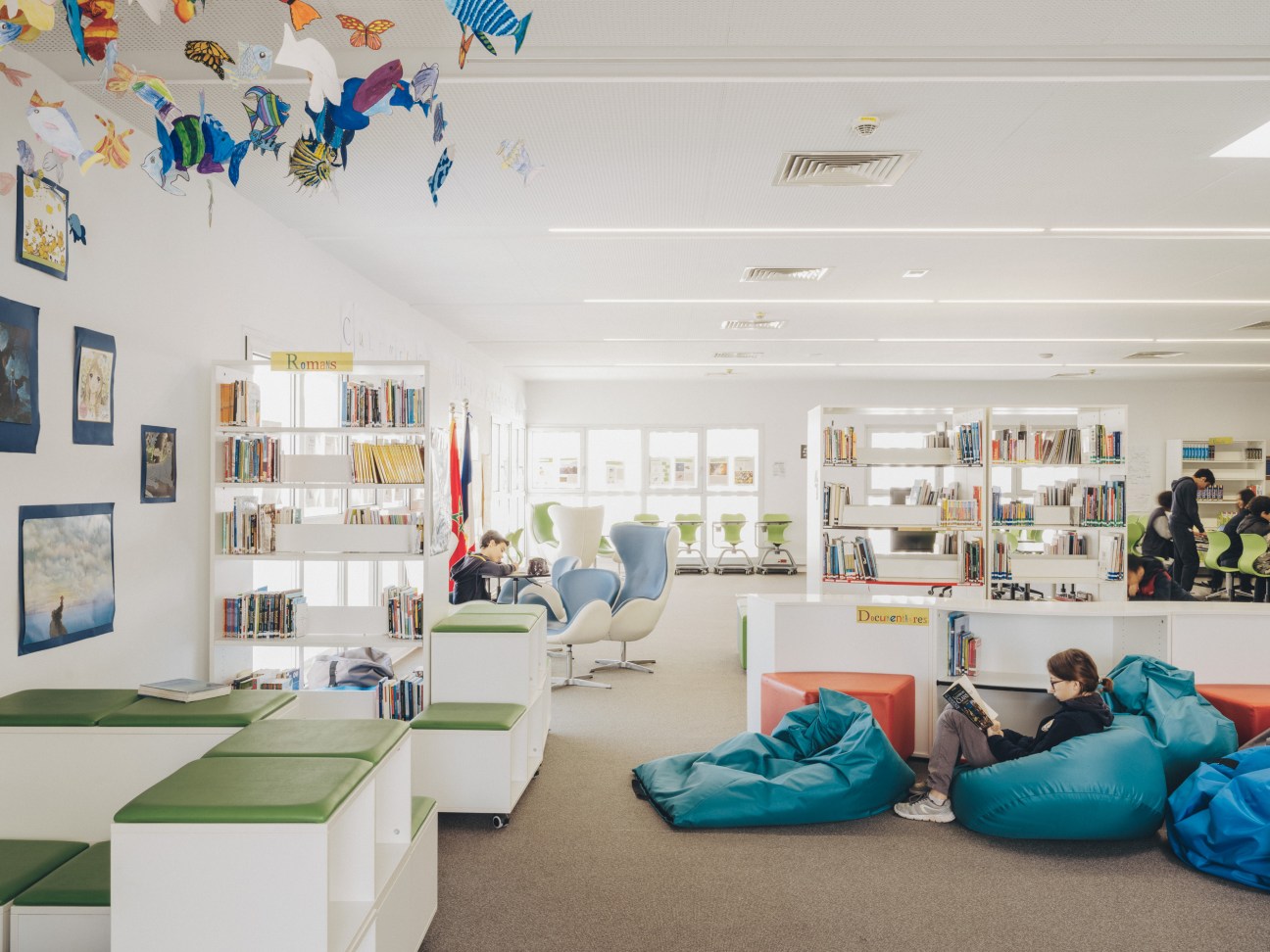 Interior view of the school library with bookshelves, natural lighting and modern architectural details
