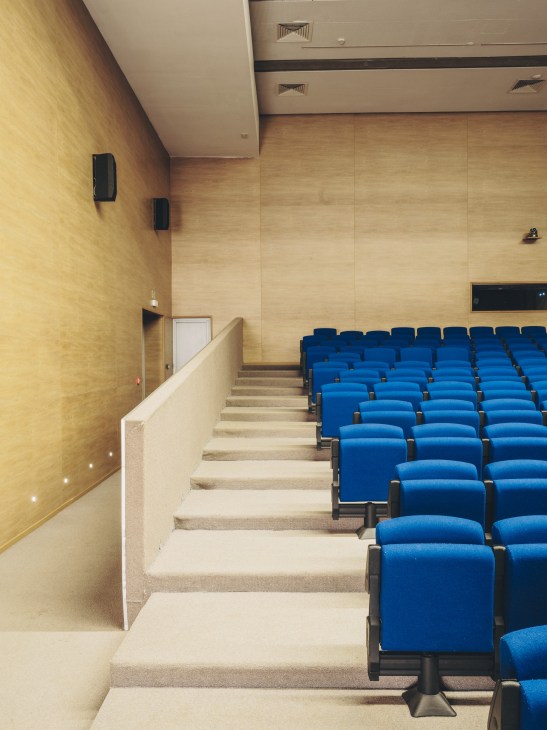Interior of the 250-seat auditorium with tiered seating and modern architectural design