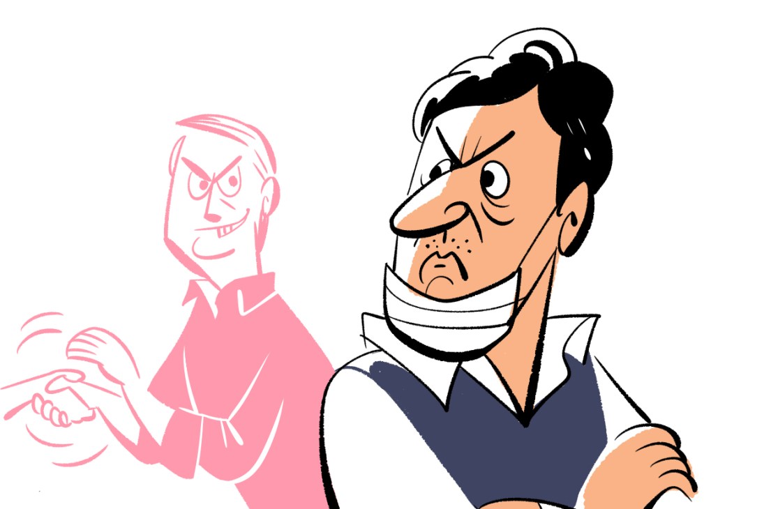 Illustration of Luiz Henrique Mandetta, Brazil's former health minister, with dismissive gesture and angry expression.