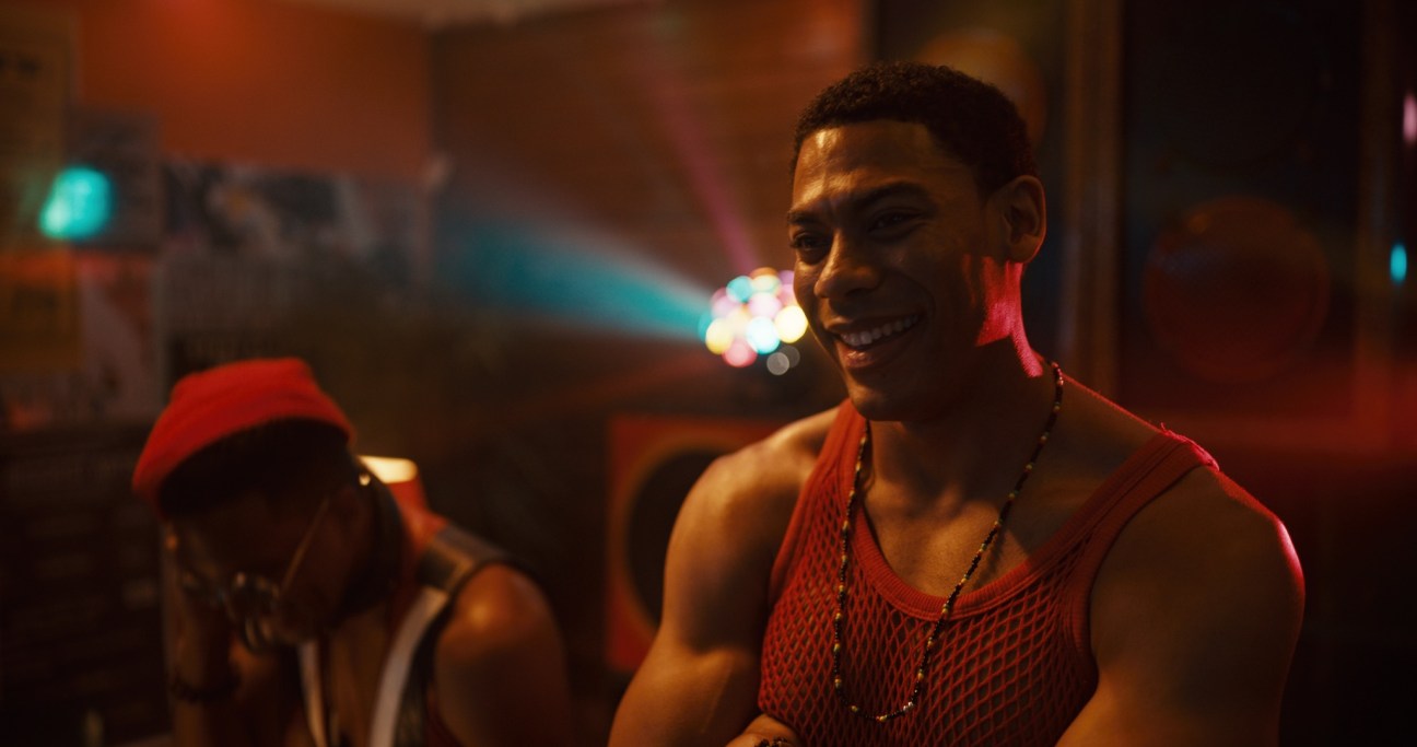 Film still showing two young men in urban setting