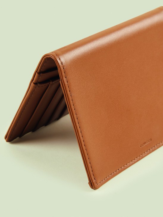 Treuleben tan leather passport caddy folded open against pale green background.