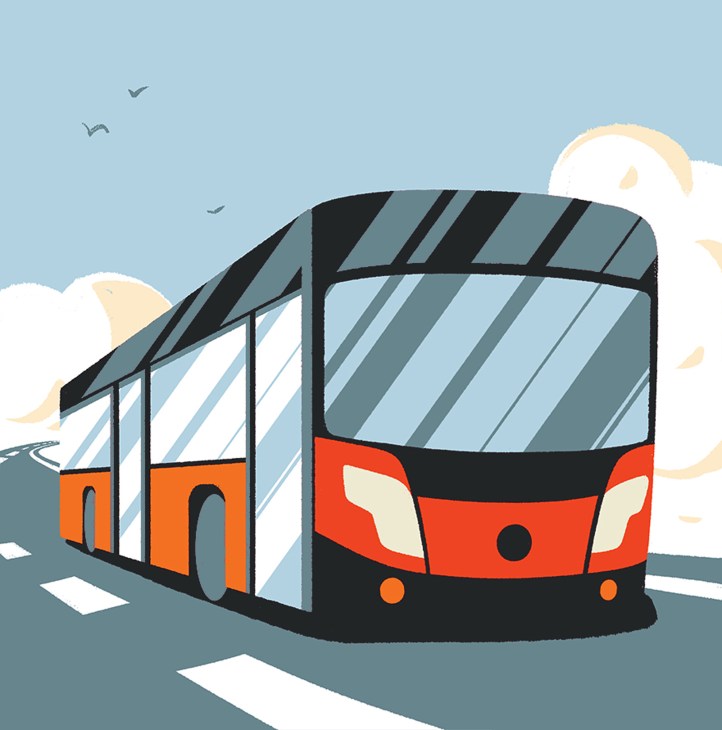 Modern orange and gray electric bus with large windows on city street