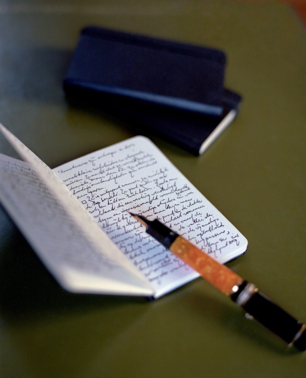 Open Moleskine notebook with handwritten text in cursive script, fountain pen with orange barrel resting on pages