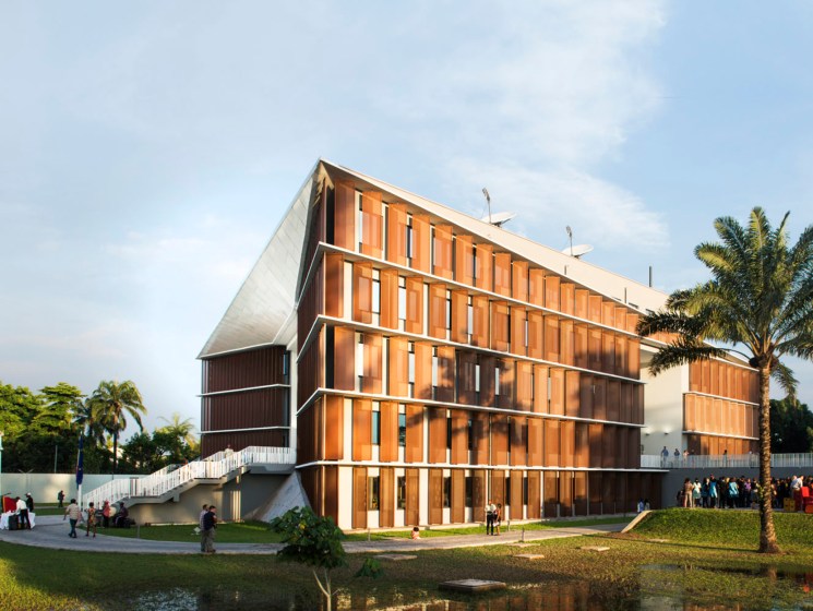 Modern architectural design of the Belgian-Dutch joint embassy building in Kinshasa