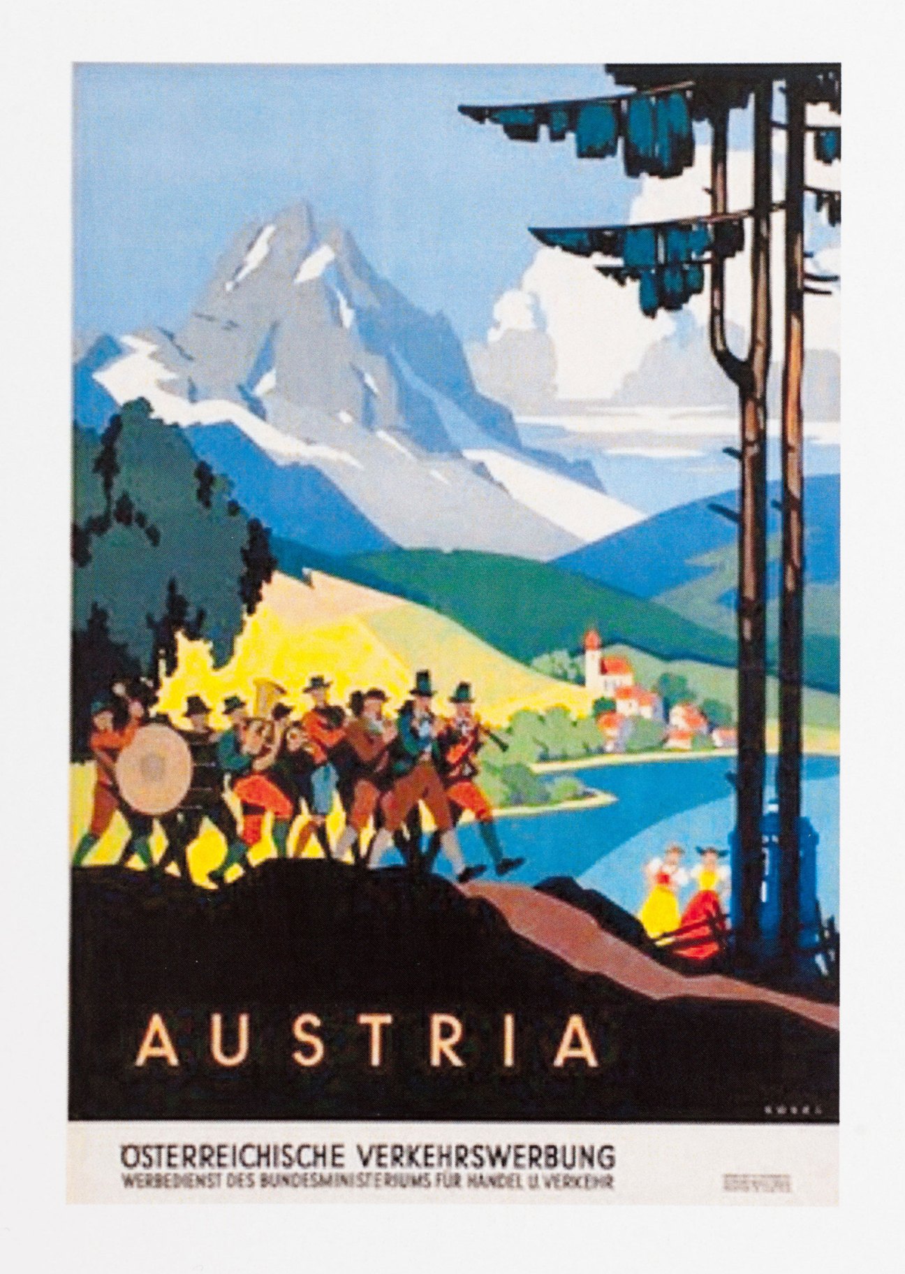 Vintage Austrian travel poster showing mountains, marching band, and lake with text 'AUSTRIA'